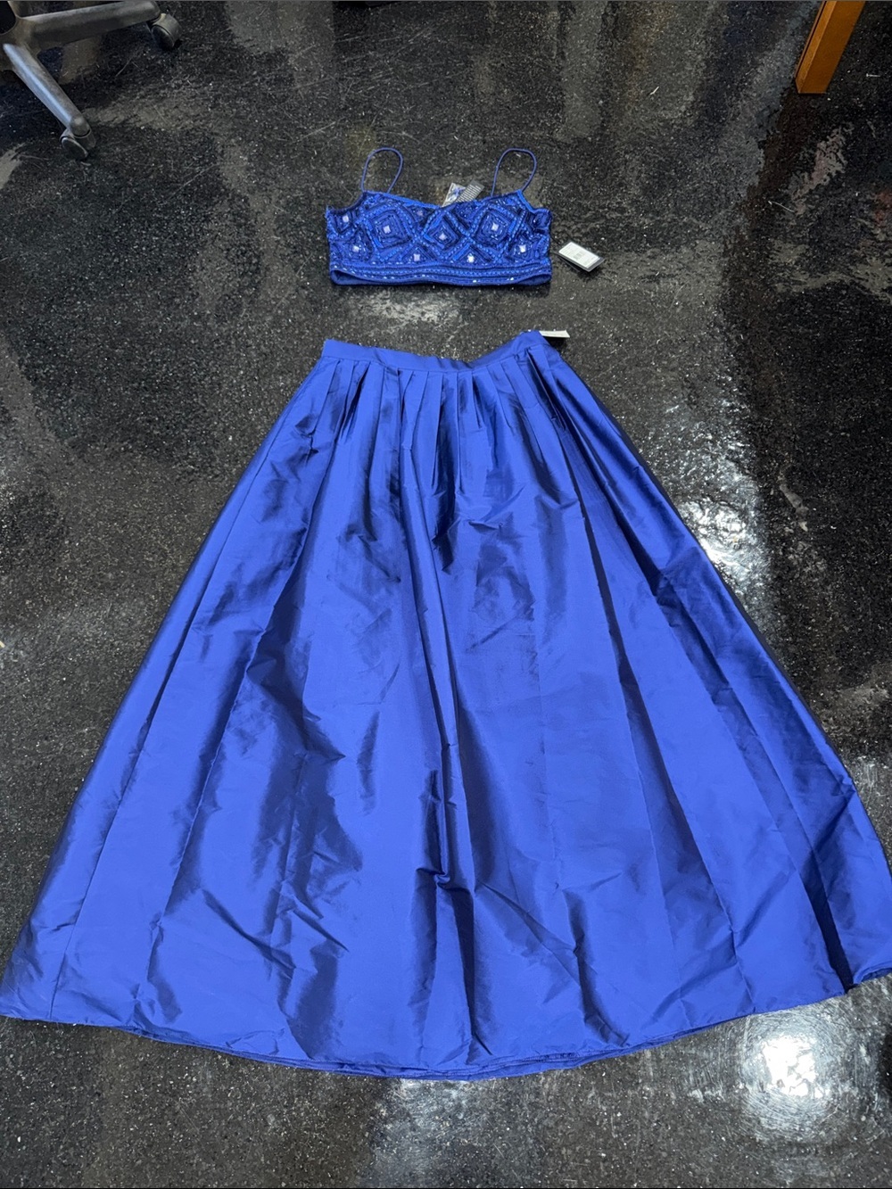 NWT Adrianna Papell Beaded Crop Top & Full Maxi Skirt Set - Royal Blue Sz 14